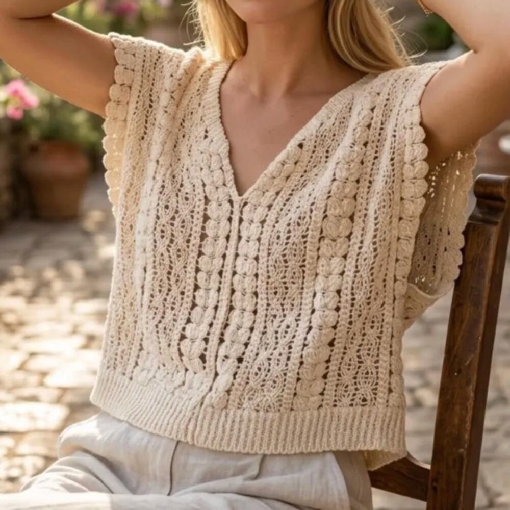 POL Crochet Tank Top Size Small Boho Open Knit Sleeveless Tan Neutral